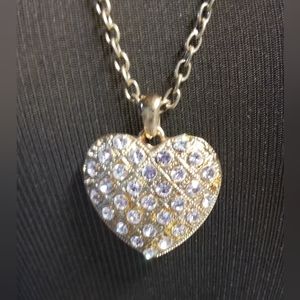 Gold Rhinestone Puffed Heart Long Necklace 30"